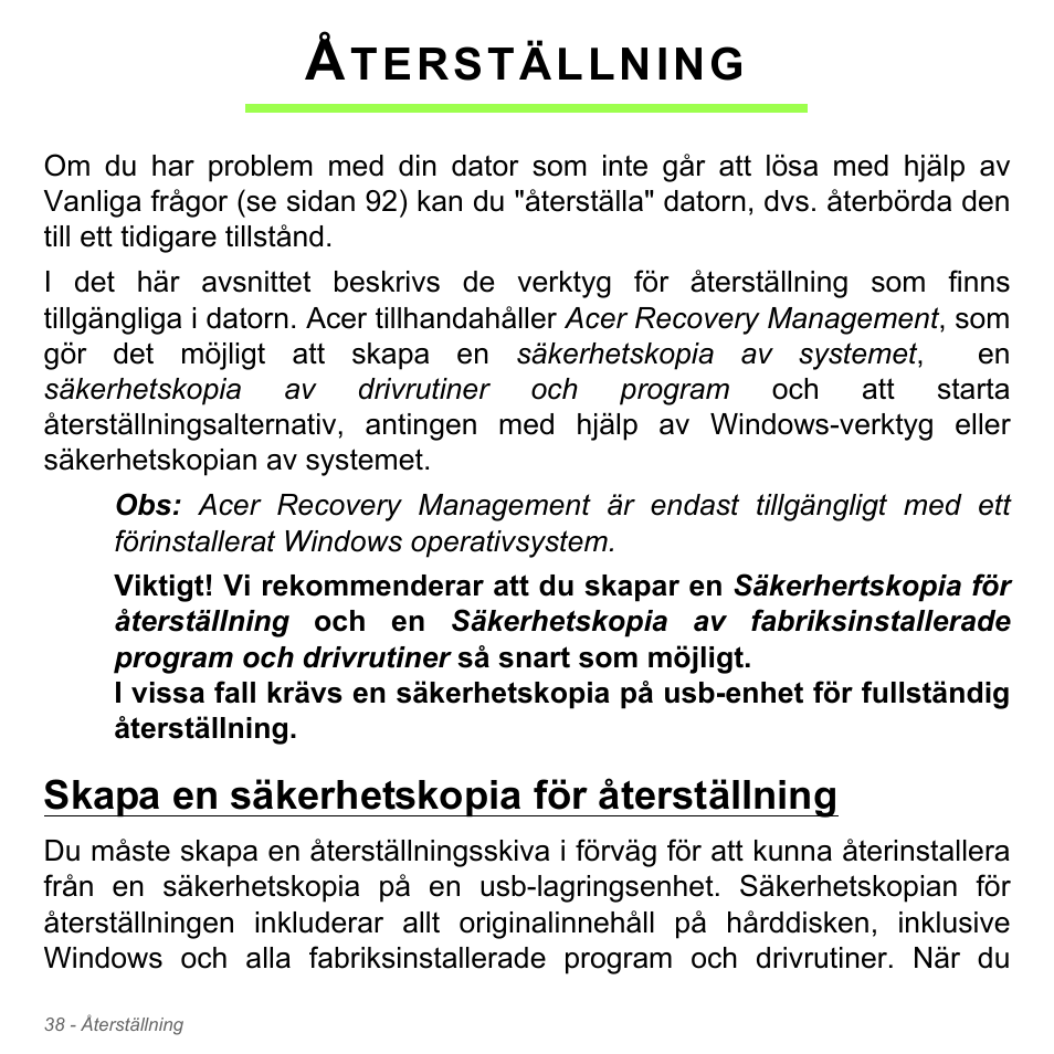 Återställning, Skapa en säkerhetskopia för återställning, Terställning | Acer Aspire V5-551G User Manual | Page 1132 / 3584