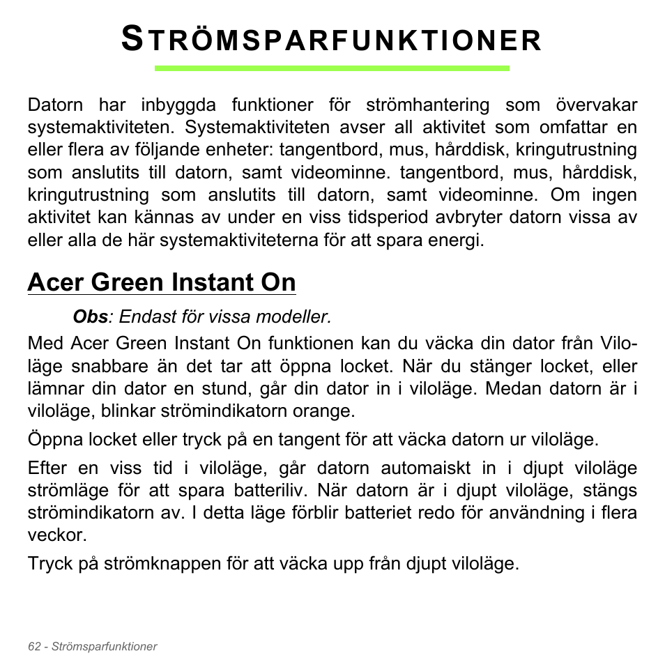 Strömsparfunktioner, Acer green instant on, Trömsparfunktioner | Acer Aspire V5-551G User Manual | Page 1156 / 3584