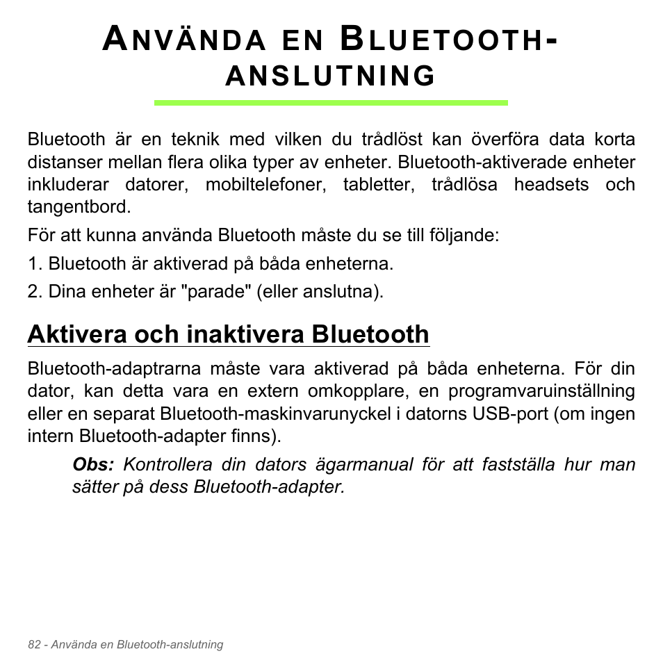 Använda en bluetooth- anslutning, Aktivera och inaktivera bluetooth, Använda en bluetooth-anslutning | Acer Aspire V5-551G User Manual | Page 1176 / 3584
