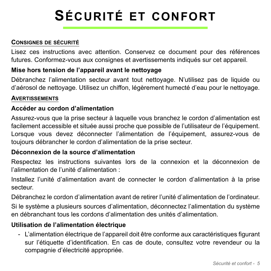 Sécurité et confort, Écurité, Confort | Acer Aspire V5-551G User Manual | Page 119 / 3584