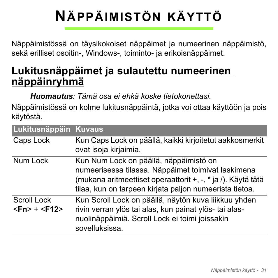 Näppäimistön käyttö, Äppäimistön, Käyttö | Acer Aspire V5-551G User Manual | Page 1239 / 3584