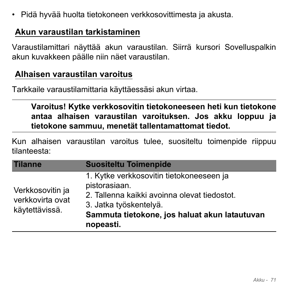 Akun varaustilan tarkistaminen, Alhaisen varaustilan varoitus | Acer Aspire V5-551G User Manual | Page 1279 / 3584