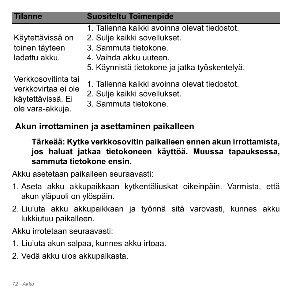 Akun irrottaminen ja asettaminen paikalleen | Acer Aspire V5-551G User Manual | Page 1280 / 3584