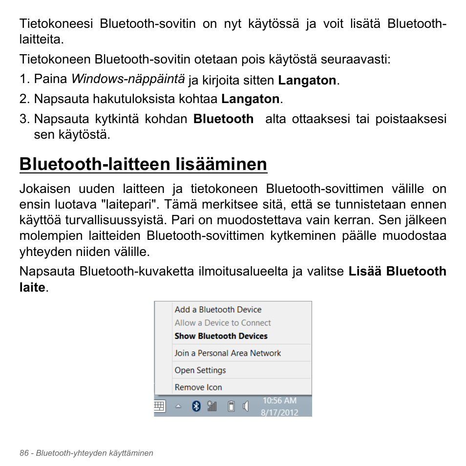 Bluetooth-laitteen lisääminen | Acer Aspire V5-551G User Manual | Page 1294 / 3584