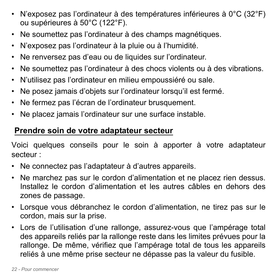 Prendre soin de votre adaptateur secteur | Acer Aspire V5-551G User Manual | Page 136 / 3584