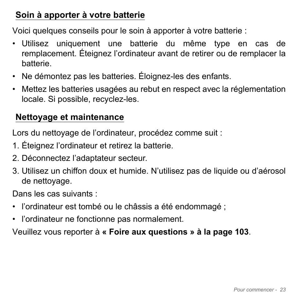 Soin à apporter à votre batterie, Nettoyage et maintenance | Acer Aspire V5-551G User Manual | Page 137 / 3584