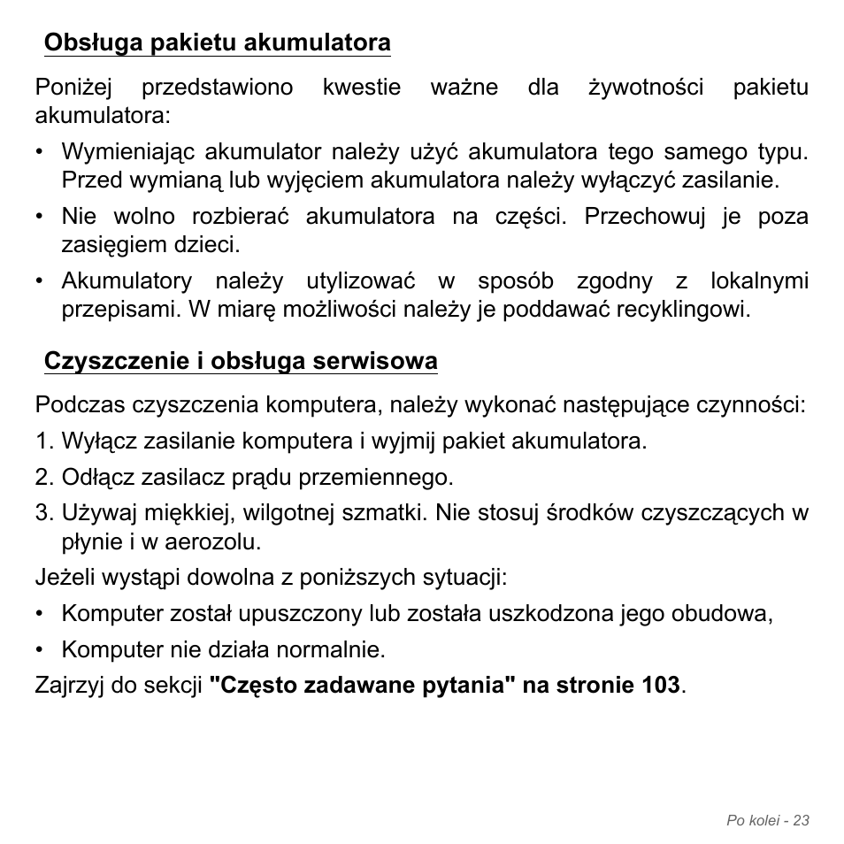 Obsługa pakietu akumulatora, Czyszczenie i obsługa serwisowa | Acer Aspire V5-551G User Manual | Page 1483 / 3584