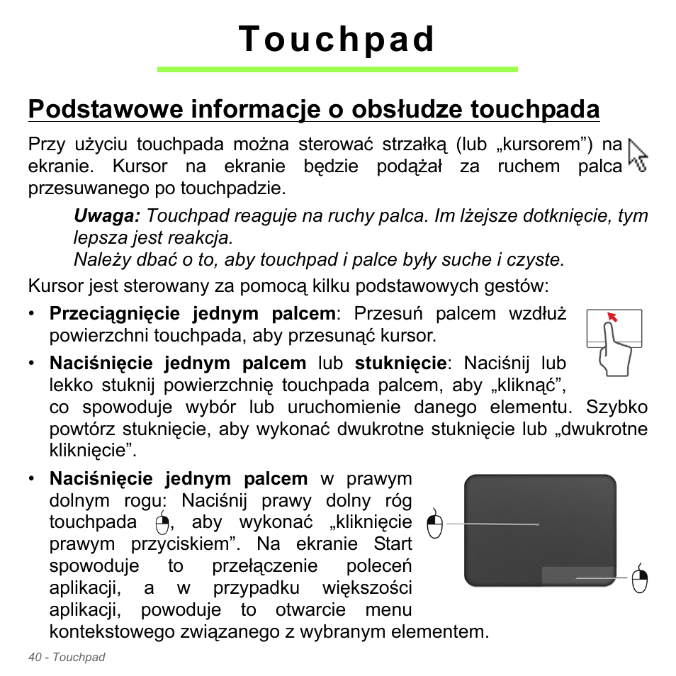 Touchpad, Podstawowe informacje o obsłudze touchpada | Acer Aspire V5-551G User Manual | Page 1500 / 3584