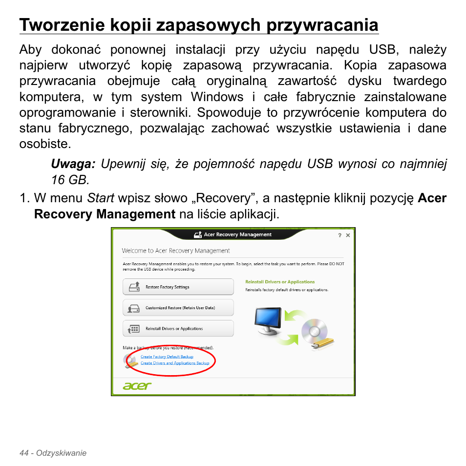 Tworzenie kopii zapasowych przywracania | Acer Aspire V5-551G User Manual | Page 1504 / 3584