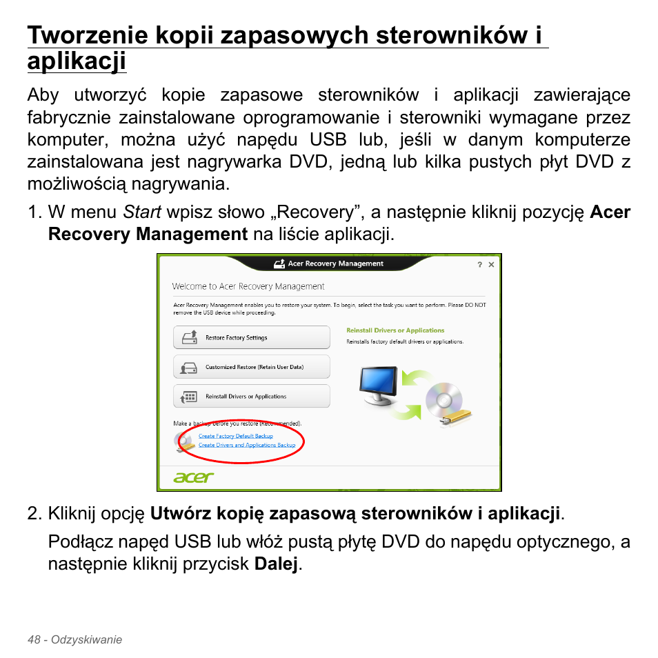Tworzenie kopii zapasowych sterowników i aplikacji | Acer Aspire V5-551G User Manual | Page 1508 / 3584