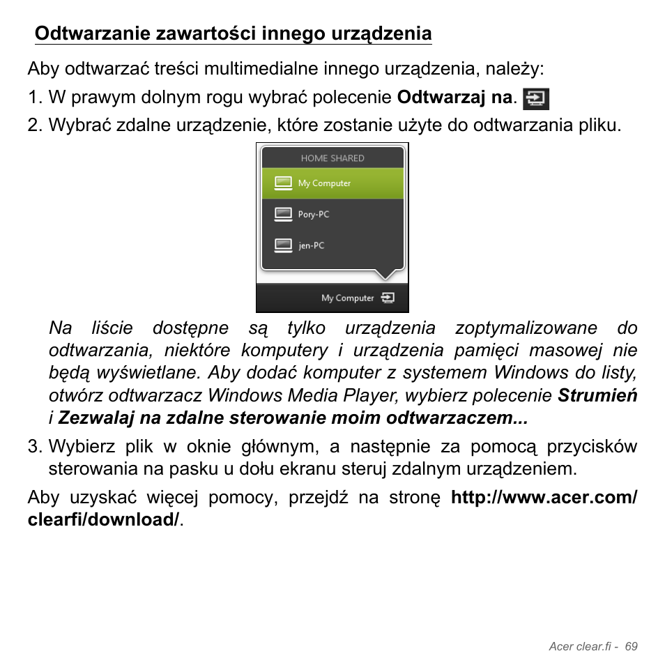 Odtwarzanie zawartości innego urządzenia | Acer Aspire V5-551G User Manual | Page 1529 / 3584