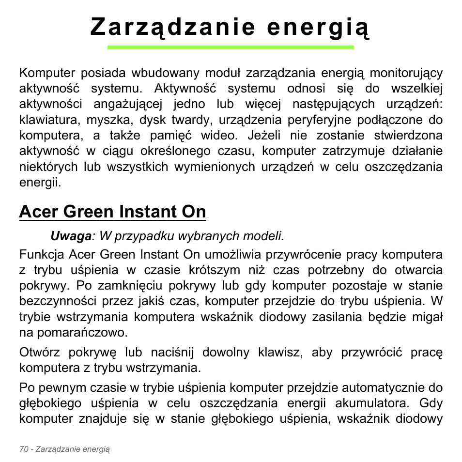 Zarządzanie energią, Acer green instant on | Acer Aspire V5-551G User Manual | Page 1530 / 3584