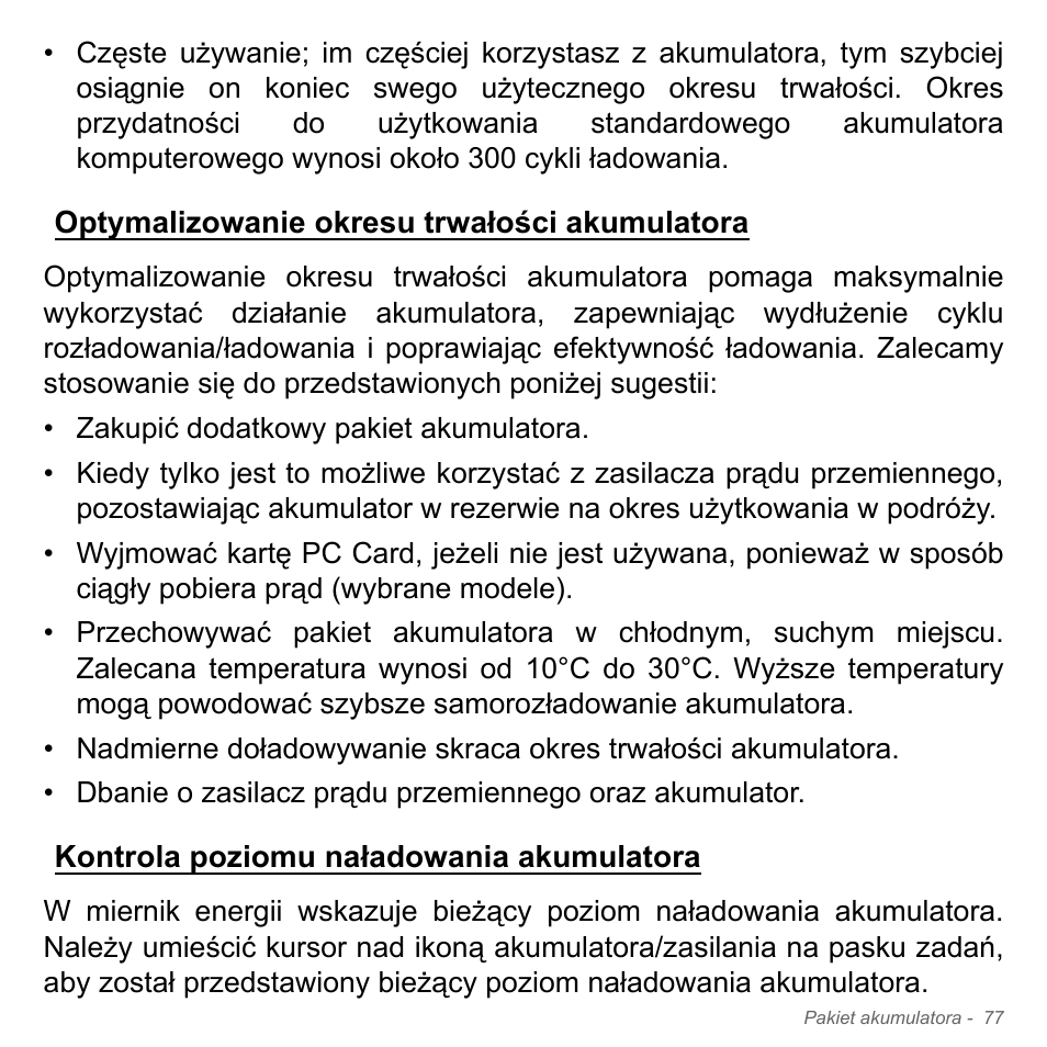 Optymalizowanie okresu trwałości akumulatora, Kontrola poziomu naładowania akumulatora | Acer Aspire V5-551G User Manual | Page 1537 / 3584