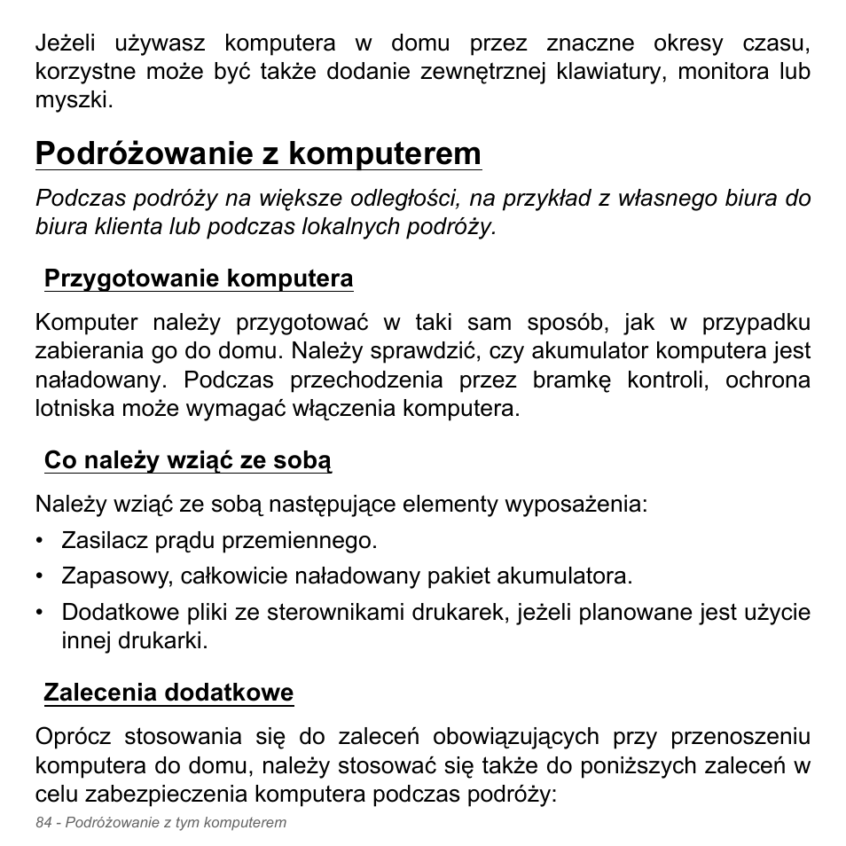 Podróżowanie z komputerem, Przygotowanie komputera, Co należy wziąć ze sobą | Zalecenia dodatkowe | Acer Aspire V5-551G User Manual | Page 1544 / 3584