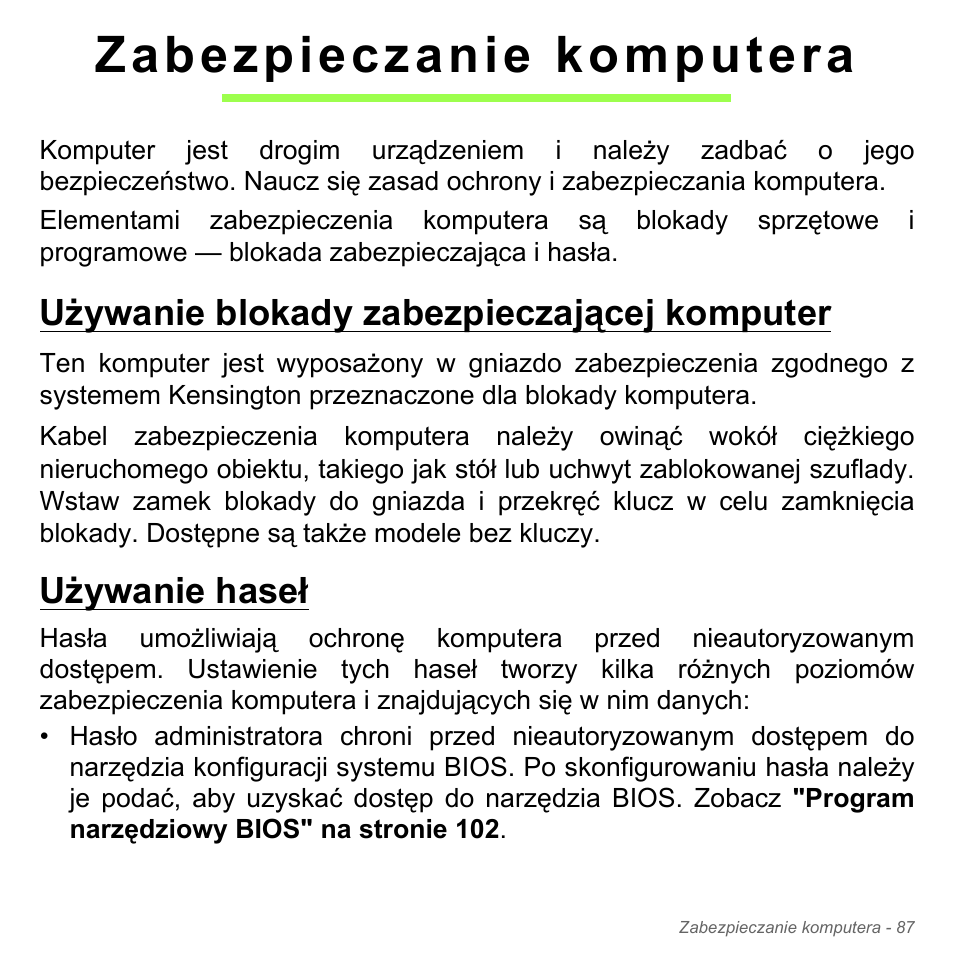 Zabezpieczanie komputera, Używanie blokady zabezpieczającej komputer, Używanie haseł | Używanie blokady zabezpieczającej, Komputer używanie haseł | Acer Aspire V5-551G User Manual | Page 1547 / 3584