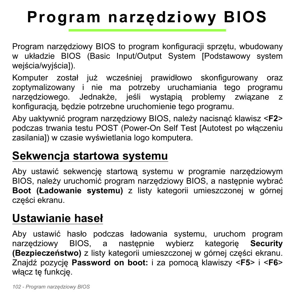 Program narzędziowy bios, Sekwencja startowa systemu, Ustawianie haseł | Sekwencja startowa systemu ustawianie haseł | Acer Aspire V5-551G User Manual | Page 1562 / 3584