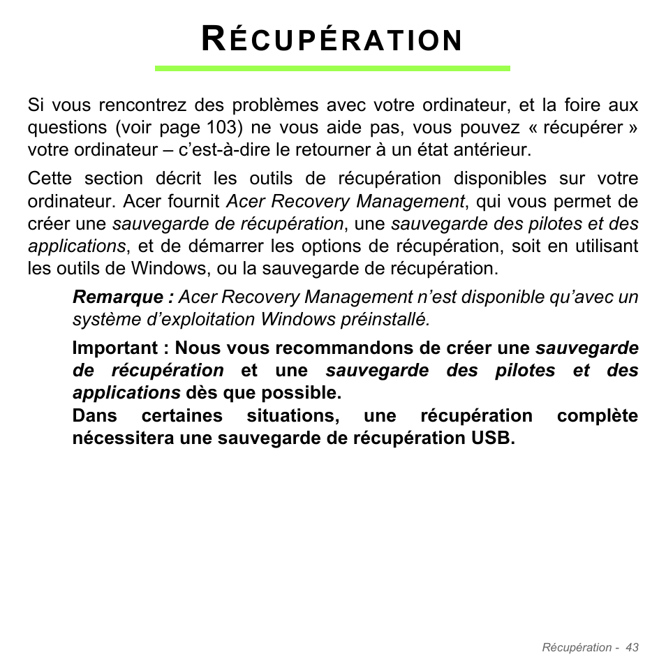 Récupération, Écupération | Acer Aspire V5-551G User Manual | Page 157 / 3584