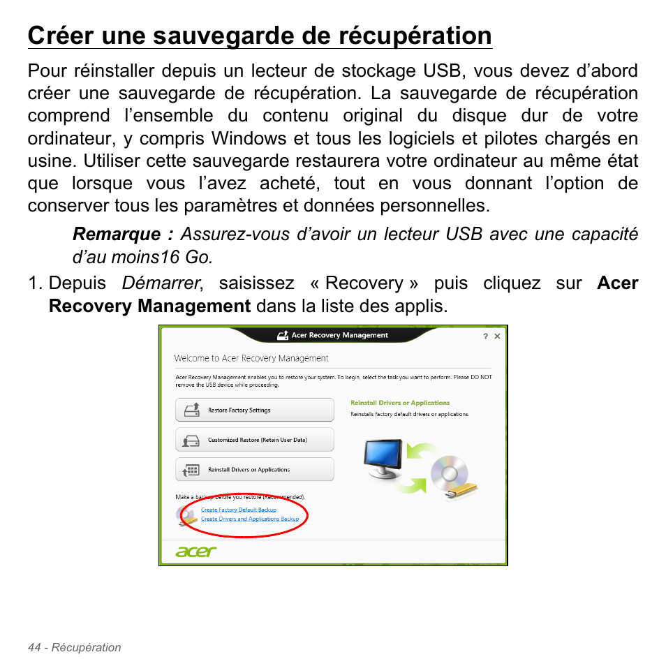 Créer une sauvegarde de récupération | Acer Aspire V5-551G User Manual | Page 158 / 3584