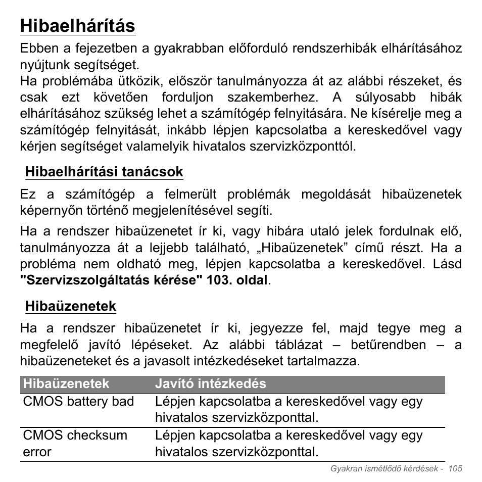 Hibaelhárítás, Hibaelhárítási tanácsok, Hibaüzenetek | Hibaelhárítási tanácsok hibaüzenetek | Acer Aspire V5-551G User Manual | Page 1693 / 3584