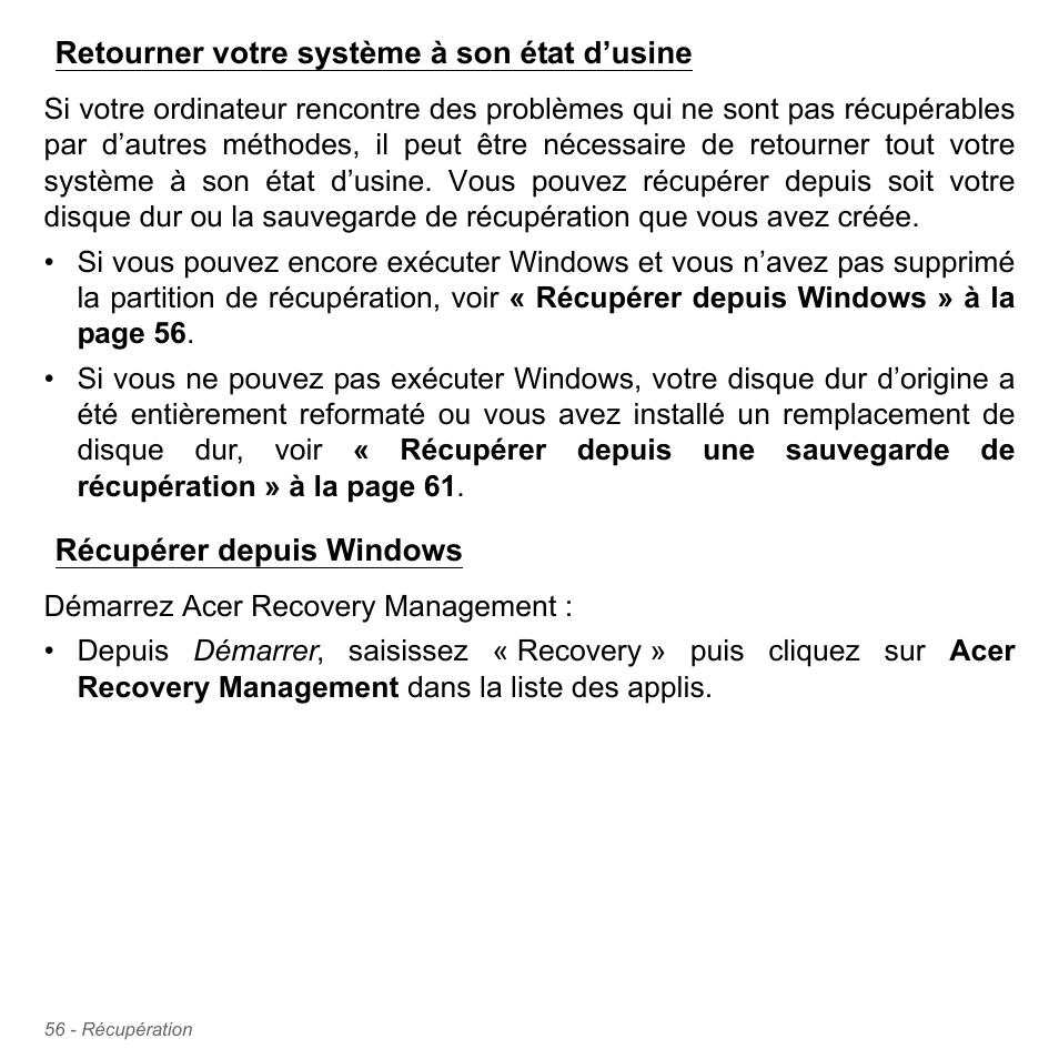 Retourner votre système à son état d’usine, Récupérer depuis windows | Acer Aspire V5-551G User Manual | Page 170 / 3584