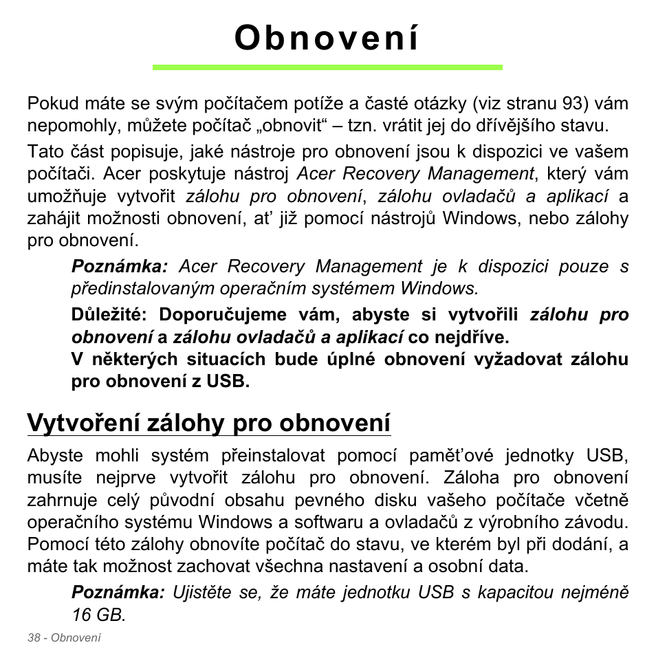 Obnovení, Vytvoření zálohy pro obnovení | Acer Aspire V5-551G User Manual | Page 1750 / 3584