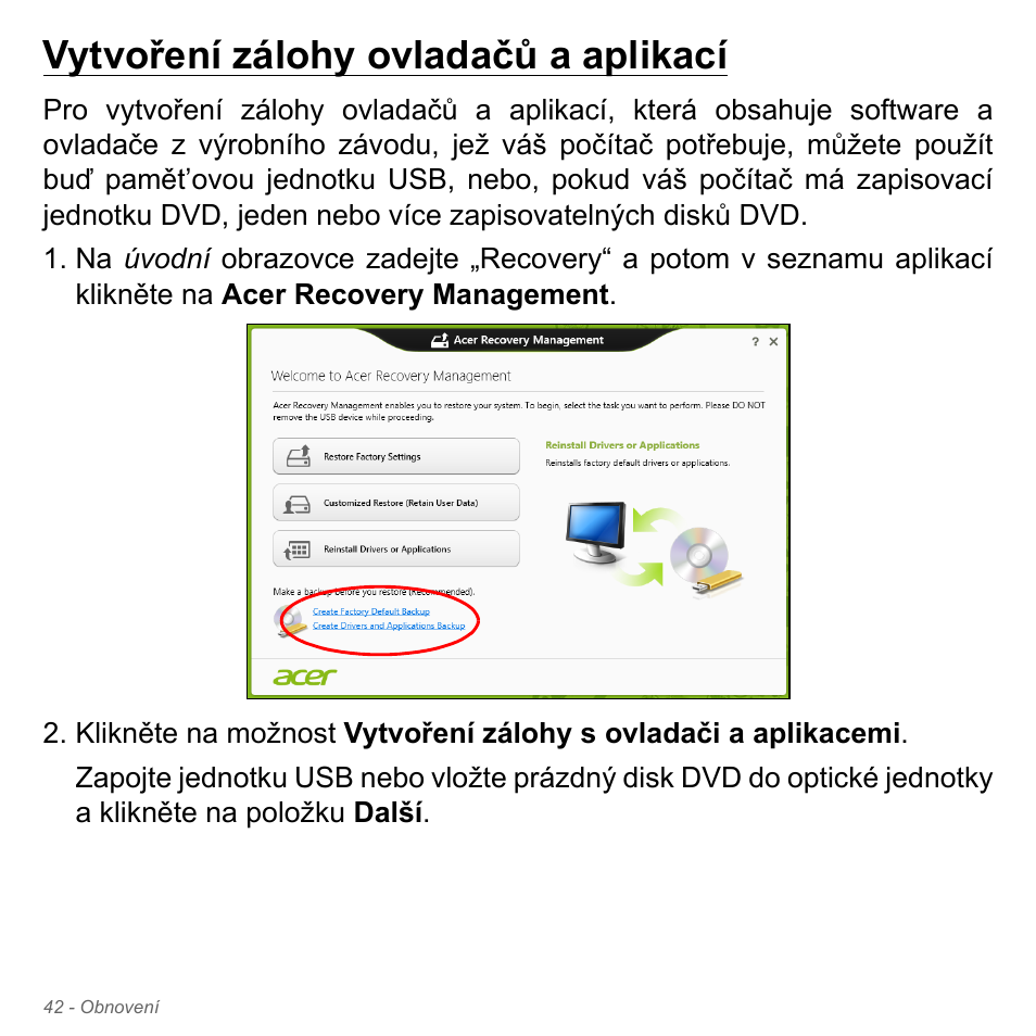 Vytvoření zálohy ovladačů a aplikací | Acer Aspire V5-551G User Manual | Page 1754 / 3584