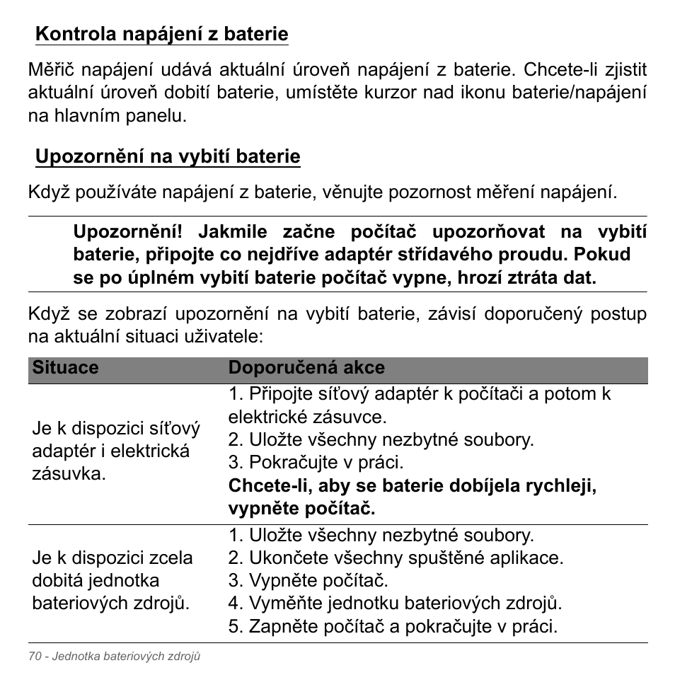 Kontrola napájení z baterie, Upozornění na vybití baterie | Acer Aspire V5-551G User Manual | Page 1782 / 3584