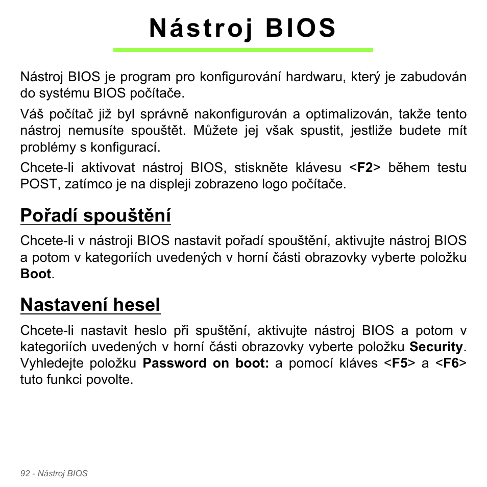 Nástroj bios, Pořadí spouštění, Nastavení hesel | Acer Aspire V5-551G User Manual | Page 1804 / 3584