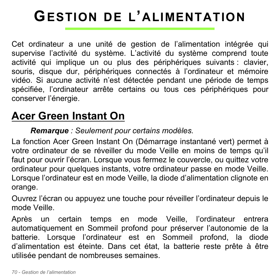 Gestion de l’alimentation, Acer green instant on | Acer Aspire V5-551G User Manual | Page 184 / 3584