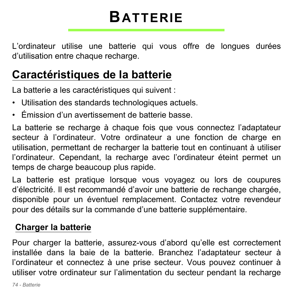 Batterie, Caractéristiques de la batterie, Charger la batterie | Atterie | Acer Aspire V5-551G User Manual | Page 188 / 3584