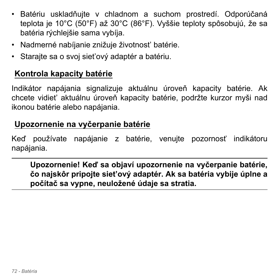 Kontrola kapacity batérie, Upozornenie na vyčerpanie batérie | Acer Aspire V5-551G User Manual | Page 1900 / 3584