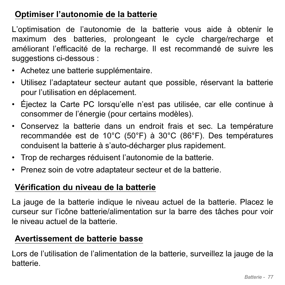 Optimiser l’autonomie de la batterie, Vérification du niveau de la batterie, Avertissement de batterie basse | Acer Aspire V5-551G User Manual | Page 191 / 3584