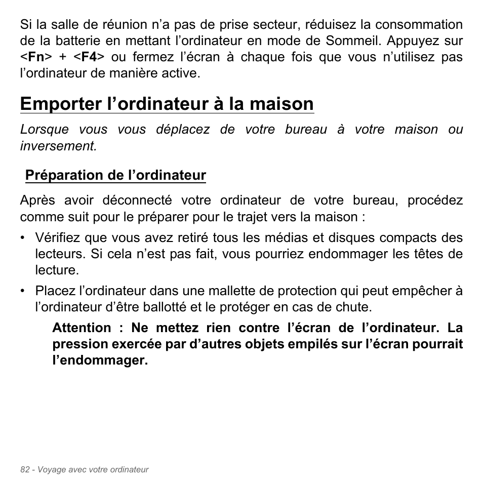 Emporter l’ordinateur à la maison, Préparation de l’ordinateur | Acer Aspire V5-551G User Manual | Page 196 / 3584