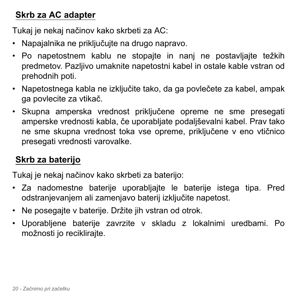 Skrb za ac adapter, Skrb za baterijo, Skrb za ac adapter skrb za baterijo | Acer Aspire V5-551G User Manual | Page 1968 / 3584