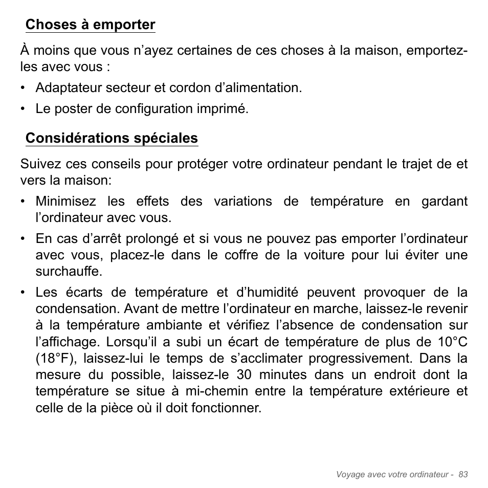 Choses à emporter, Considérations spéciales, Choses à emporter considérations spéciales | Acer Aspire V5-551G User Manual | Page 197 / 3584