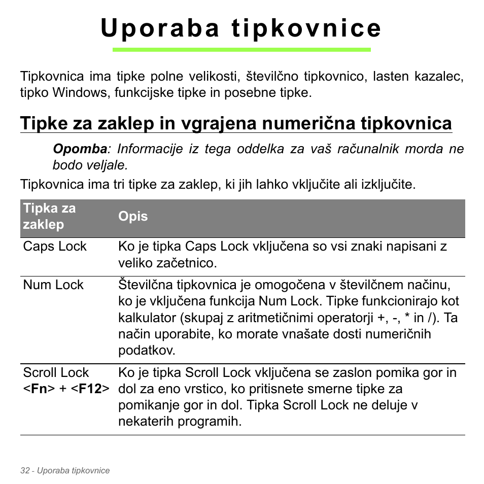 Uporaba tipkovnice, Tipke za zaklep in vgrajena numerična tipkovnica | Acer Aspire V5-551G User Manual | Page 1980 / 3584