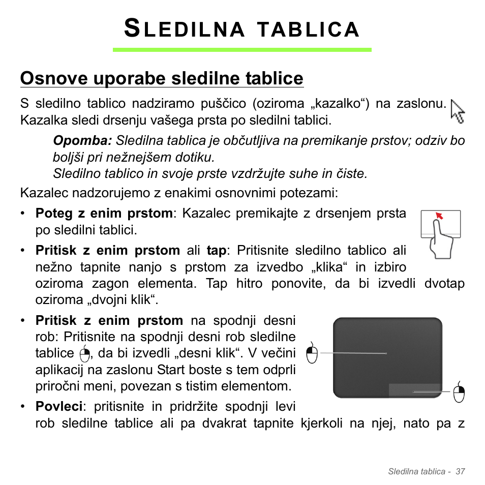 Sledilna tablica, Osnove uporabe sledilne tablice, Ledilna | Tablica | Acer Aspire V5-551G User Manual | Page 1985 / 3584