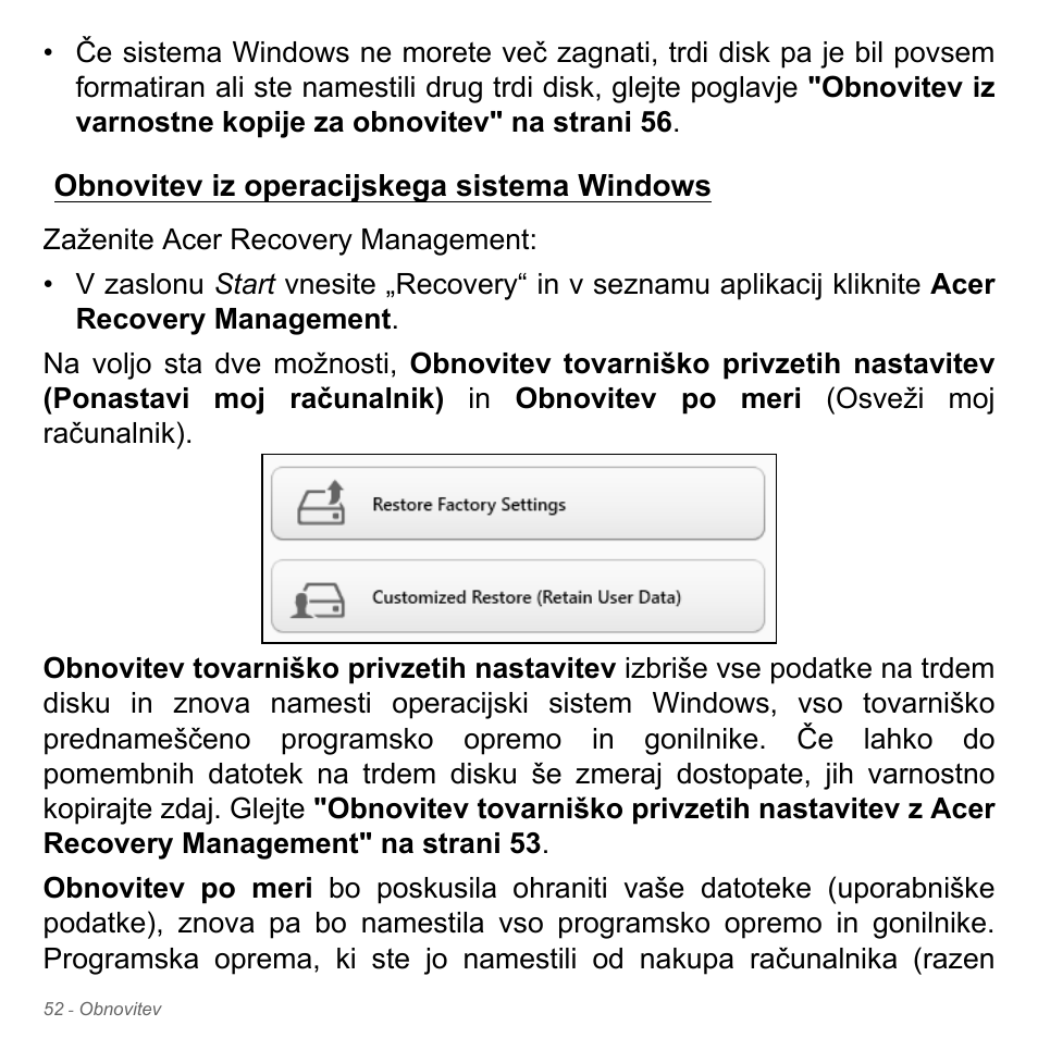 Obnovitev iz operacijskega sistema windows | Acer Aspire V5-551G User Manual | Page 2000 / 3584