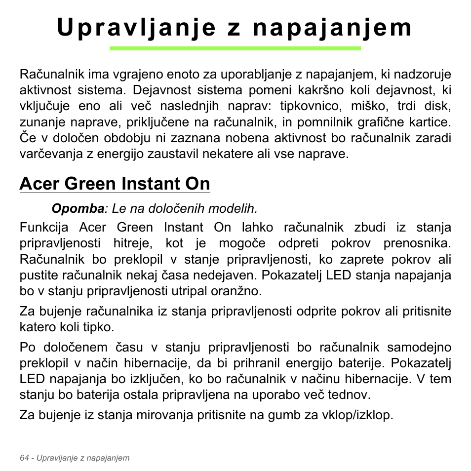 Upravljanje z napajanjem, Acer green instant on | Acer Aspire V5-551G User Manual | Page 2012 / 3584