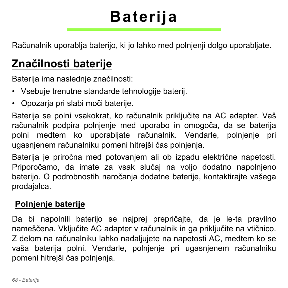Baterija, Značilnosti baterije, Polnjenje baterije | Acer Aspire V5-551G User Manual | Page 2016 / 3584