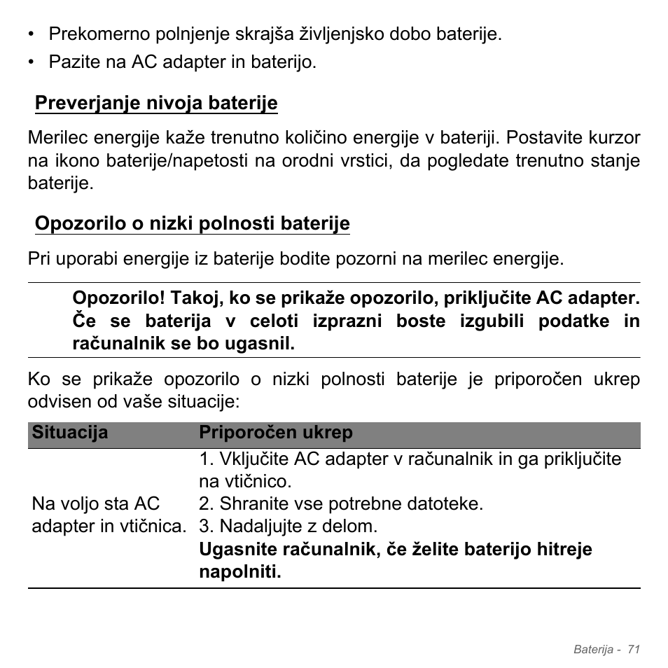 Preverjanje nivoja baterije, Opozorilo o nizki polnosti baterije | Acer Aspire V5-551G User Manual | Page 2019 / 3584