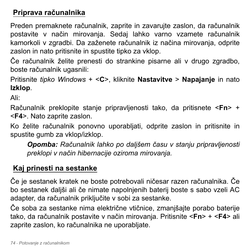 Priprava računalnika, Kaj prinesti na sestanke, Priprava računalnika kaj prinesti na sestanke | Acer Aspire V5-551G User Manual | Page 2022 / 3584