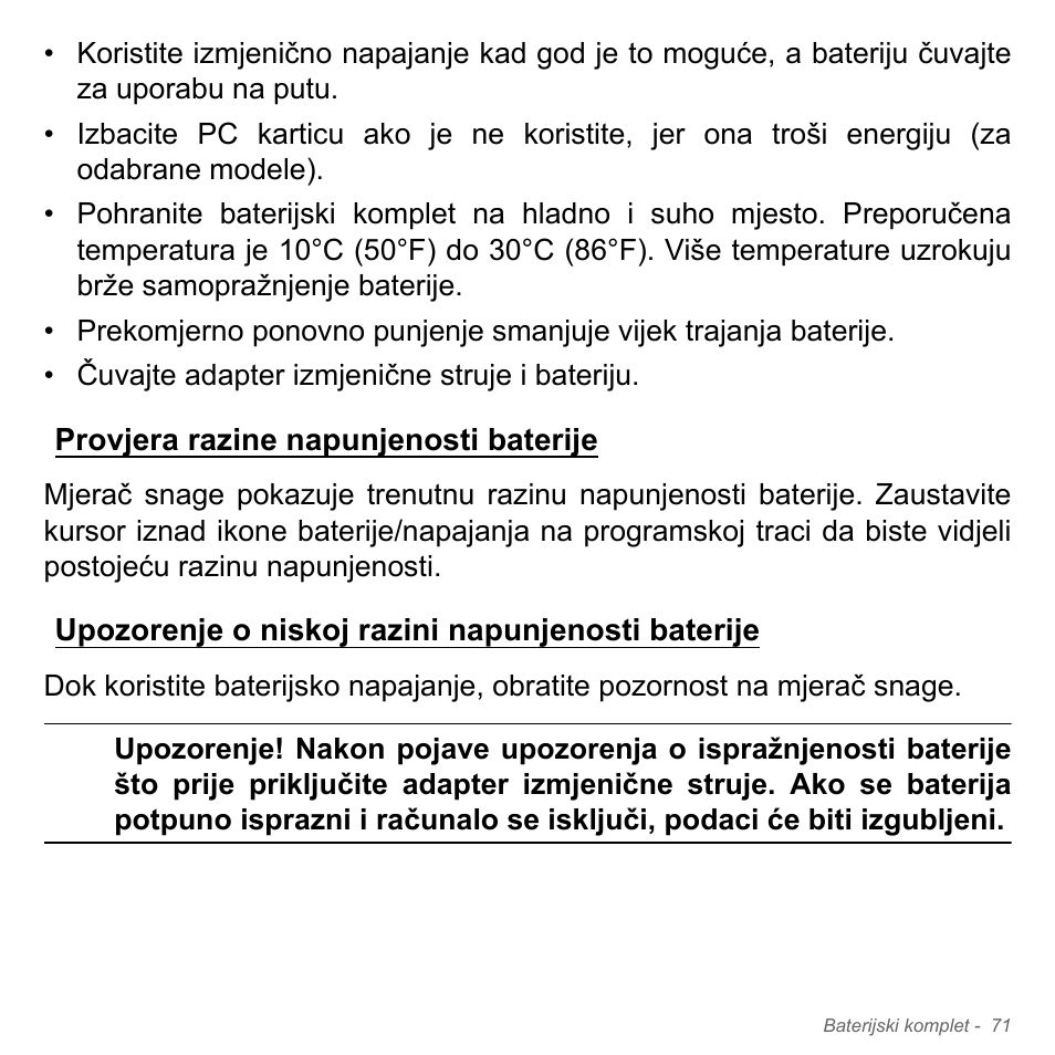 Provjera razine napunjenosti baterije, Upozorenje o niskoj razini napunjenosti baterije | Acer Aspire V5-551G User Manual | Page 2135 / 3584