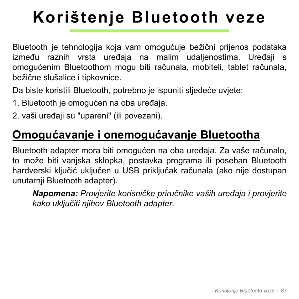 Korištenje bluetooth veze, Omogućavanje i onemogućavanje bluetootha, Omogućavanje i onemogućavanje | Bluetootha | Acer Aspire V5-551G User Manual | Page 2151 / 3584