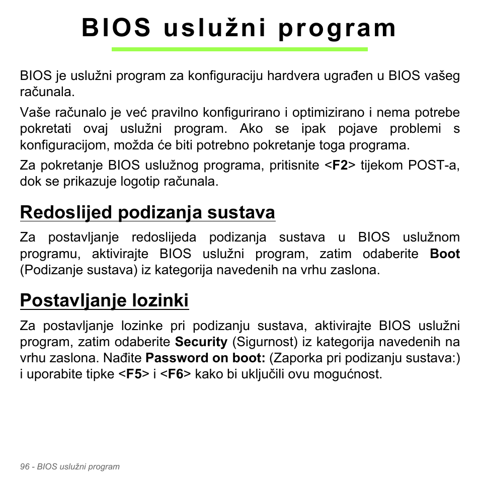 Bios uslužni program, Redoslijed podizanja sustava, Postavljanje lozinki | Redoslijed podizanja sustava postavljanje lozinki | Acer Aspire V5-551G User Manual | Page 2160 / 3584