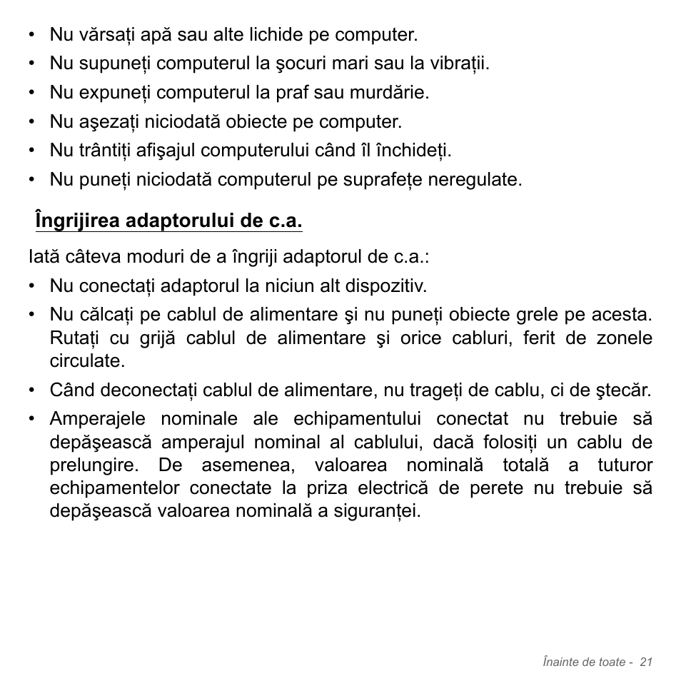 Îngrijirea adaptorului de c.a | Acer Aspire V5-551G User Manual | Page 2205 / 3584