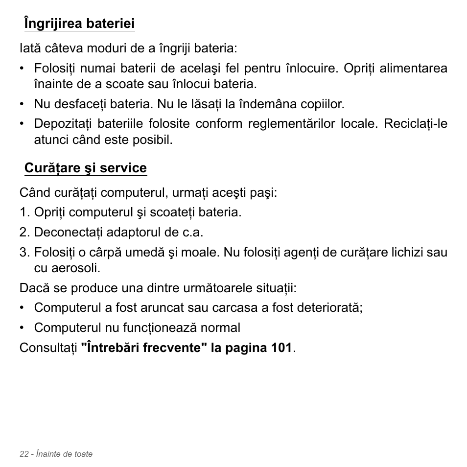 Îngrijirea bateriei, Curăţare şi service, Îngrijirea bateriei curăţare şi service | Acer Aspire V5-551G User Manual | Page 2206 / 3584