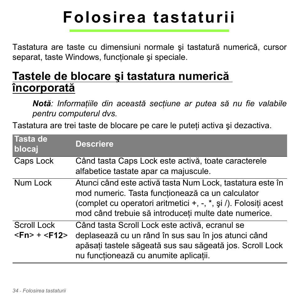 Folosirea tastaturii | Acer Aspire V5-551G User Manual | Page 2218 / 3584