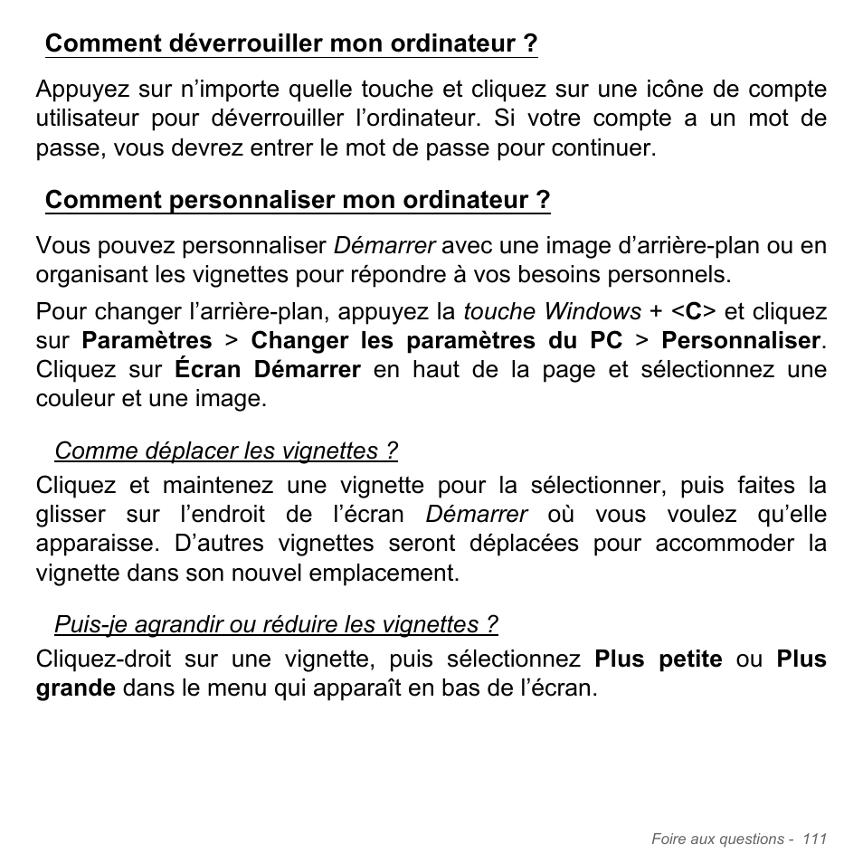 Comment déverrouiller mon ordinateur, Comment personnaliser mon ordinateur, Comment déverrouiller mon | Ordinateur ? comment personnaliser mon ordinateur | Acer Aspire V5-551G User Manual | Page 225 / 3584