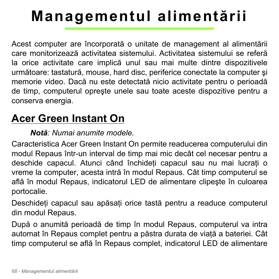 Managementul alimentării, Acer green instant on | Acer Aspire V5-551G User Manual | Page 2252 / 3584